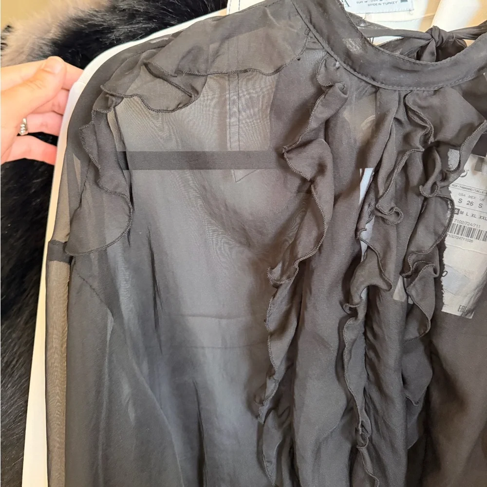 Zara NWT black ruffle long sleeve sheer mesh blouse - Picture 9 of 10